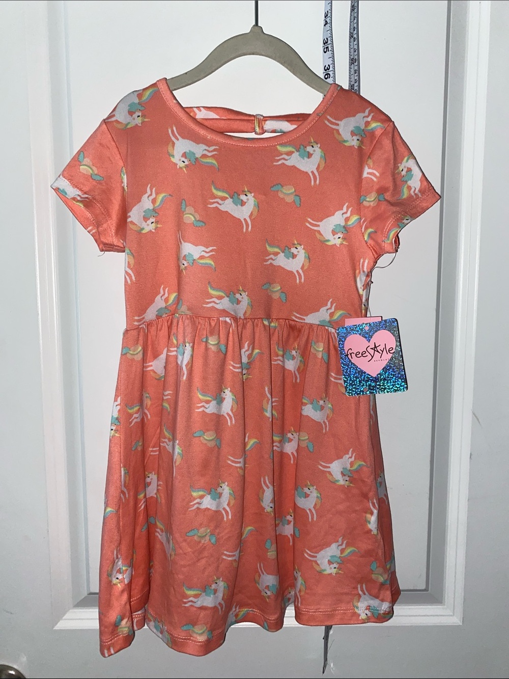 NWT Freestyle Brand Girls Coral Unicorn Print Dress Size 6 New